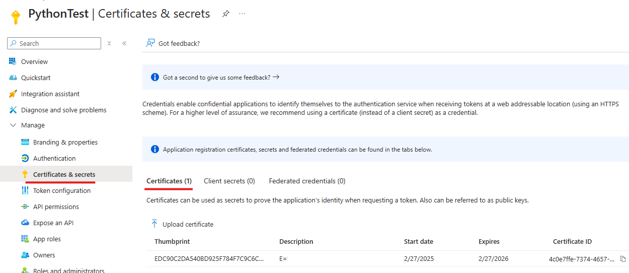 Adding a certificate to the App Registration